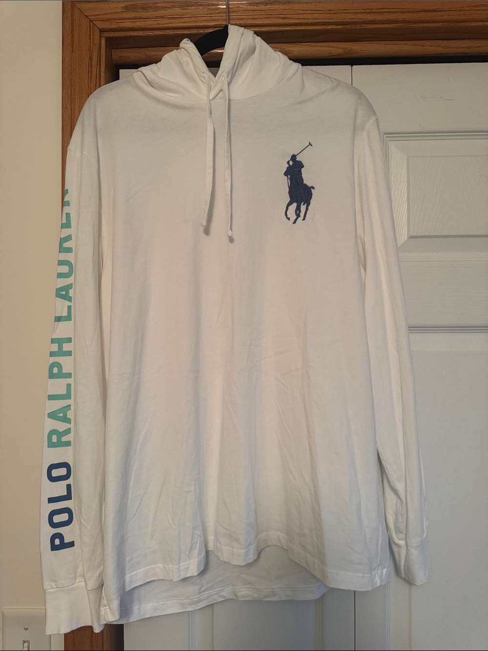 Polo by Ralph Lauren White Hoodie with Blue Pony and Teal Sleeve Text